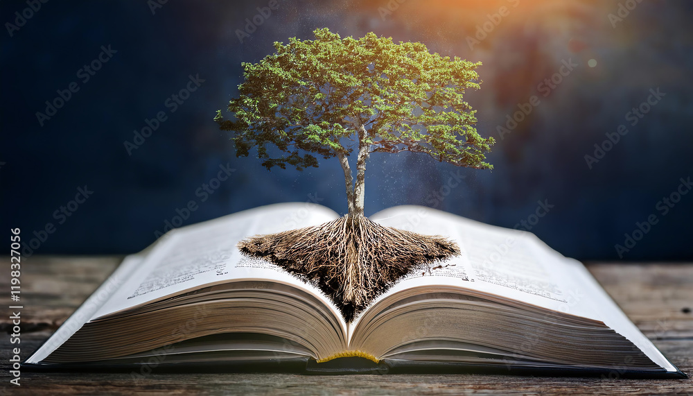 Poster an open book with a small tree growing from its pages, symbolizing knowledge and growth.