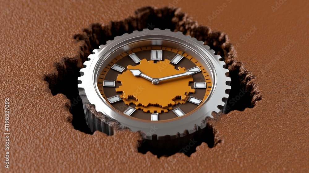 Poster time unearthed: a unique steampunk-style clock emerges from a textured brown surface, its intricate 