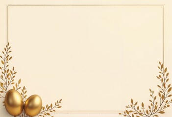 Obraz premium Easter background with golden eggs and leaves.Golden tradition. New beginnings. Spring renewal.Copy space, invitation, spring celebration, seasonal event promotion.