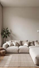 Minimalist living room with a beige sectional sofa, light carpet, green potted plant, round wooden tables, neutral walls, natural light, soft lighting, cozy ambiance, and sleek modern design.