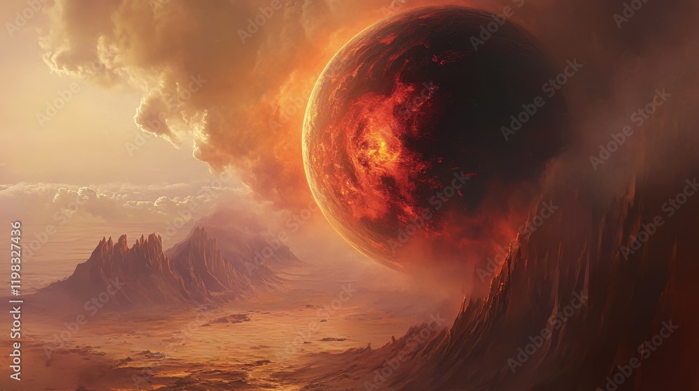 Wall mural a fiery red and black planet partially obscured by clouds, floating above a barren desert landscape 