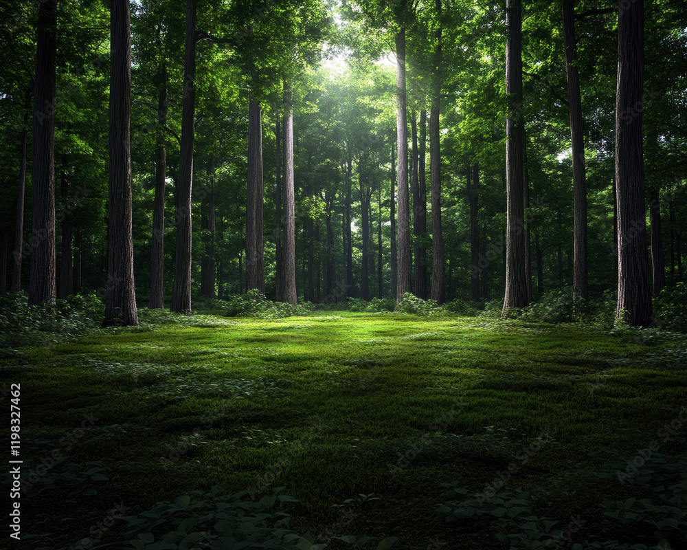 Poster a breathtaking view of a lush forest, illuminated by soft sunlight filtering through towering trees,