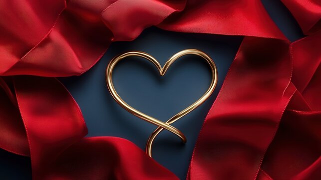 heart shape made of golden rings intertwined with red silk ribbons, symbolizing love and unity.