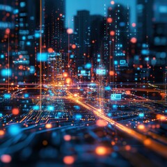 Fototapeta premium Digital Cityscape: A Symphony of Lights and Data