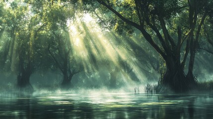 Naklejka premium A mangrove forest in the early morning, with mist rising from the water and sunlight breaking through the canopy.