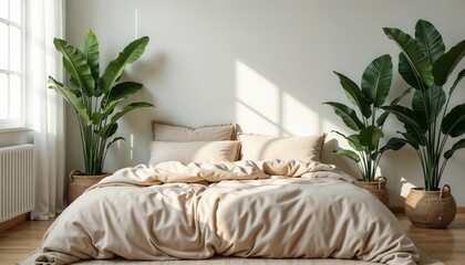  Light and Cozy Bedroom with Beige Bedding, Green Plants, and Wooden Floor, Soft Natural Light, Relaxing and Calm Ambiance, Woven Baskets, White Curtains, Airy and Peaceful Atmosphere with Minimalist 