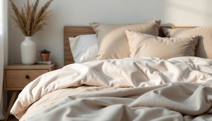 Warm, large, soft and cozy winter blanket.Cozy Bedroom with Light Bedding, Wooden Furniture, Natural Decor, Soft Tones, Bedside Tables with Decorative Items, Macrame Wall Art, Soft Natural Light, Rela