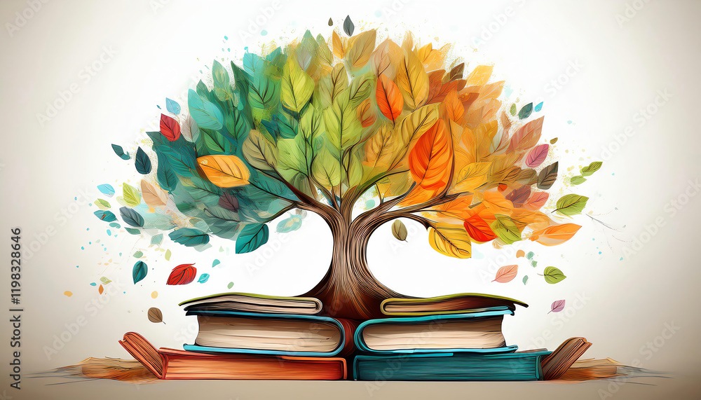 Poster a vibrant illustration of a tree with colorful leaves emerging from open books, symbolizing knowledg