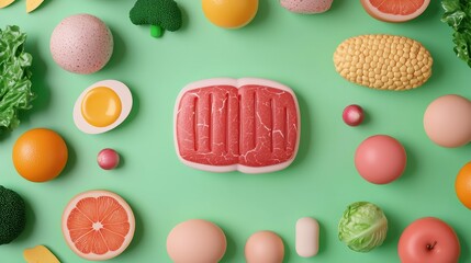 Colorful arrangement of fresh produce and raw meat on a green background, emphasizing healthy eating and food diversity.