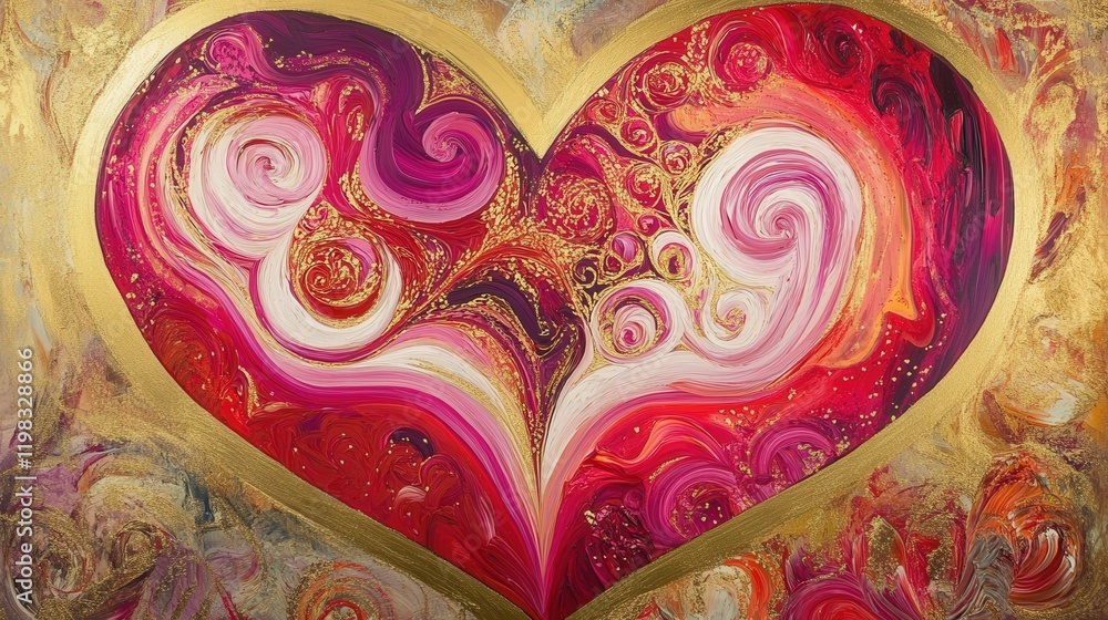 Poster painting with intricate swirling patterns in red, pink, and gold, symbolizing the complexity and bea