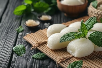 Japanese rice cake with mint on a wooden surface