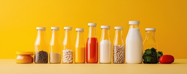 Fototapeta premium Colorful arrangement of glass bottles filled with various liquids and ingredients, set against a vibrant yellow background.