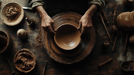 A traditional pottery wheel with hands shaping a clay pot, surrounded by tools and raw clay on a wooden table.