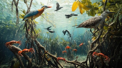 Image of A vibrant mangrove ecosystem teeming with wildlife, including birds perched on branches and crabs scuttling along the roots. printed on Printed Glass Basin Splashbacks
