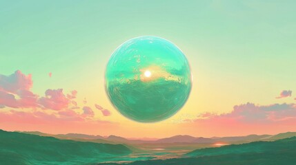 A vibrant green and turquoise planet reflecting light, set in a pastel sunset sky with distant mountains below.
