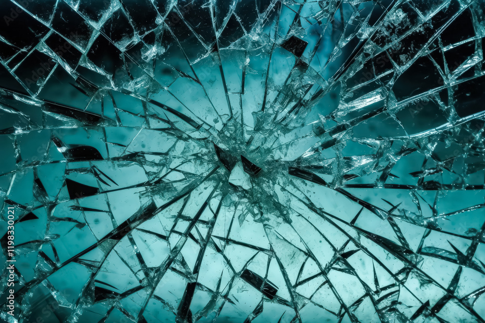 Poster shattered glass window with a green background. the broken glass is scattered all over the window, c