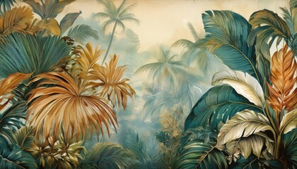 Fototapeta premium VintageInspired Mural Showcasing a Lush Tropical Forest with Graceful Leaves and Warm, Rich Colors