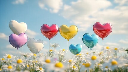 joyful Valentine's Day scene of colorful heart-shaped balloons floating over a field of daisies