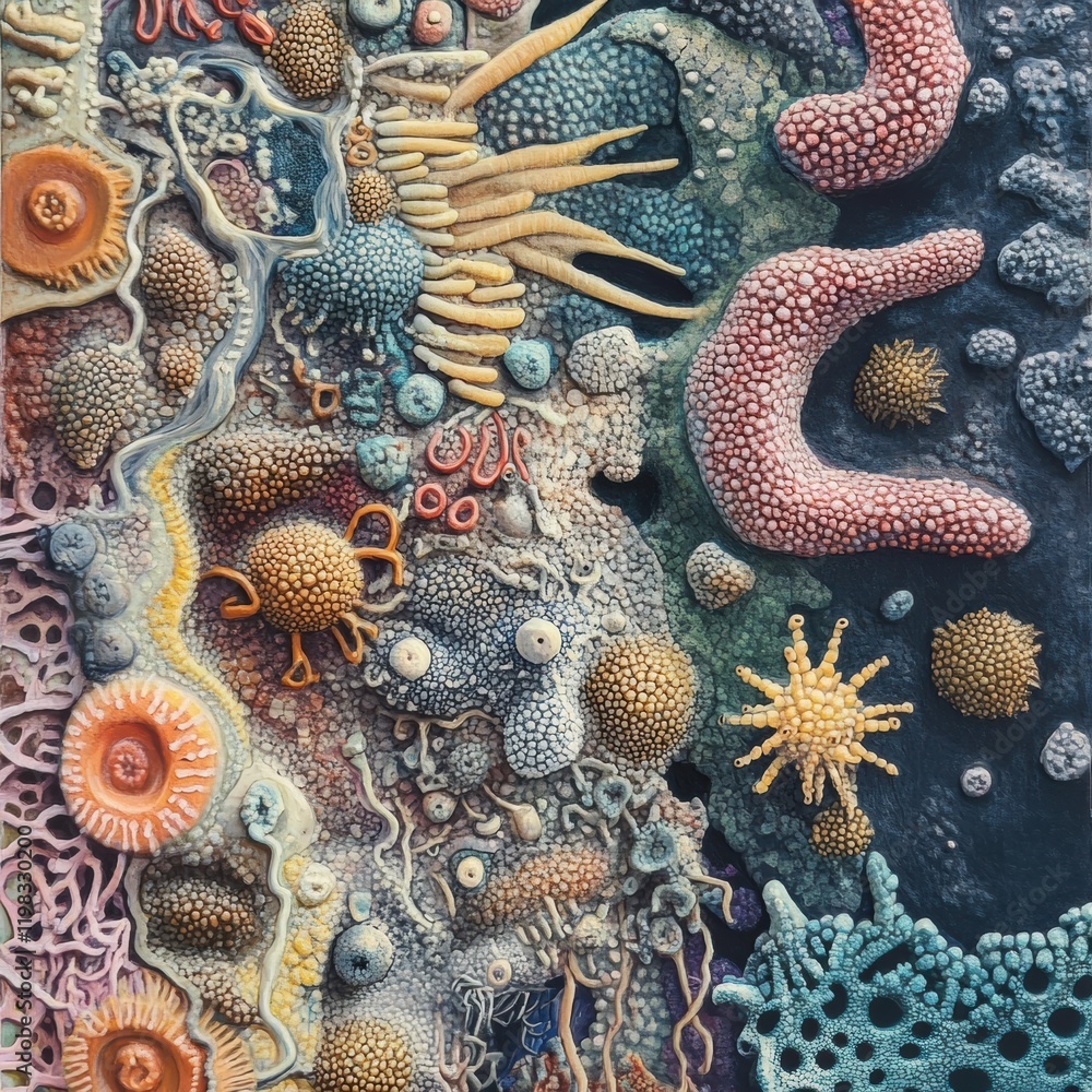 Poster dense layer of colorful microbes thriving in a complex underwater ecosystem enriched with various li