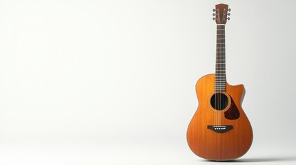 Obraz premium An acoustic guitar with a wooden finish placed upright on a clean white background.