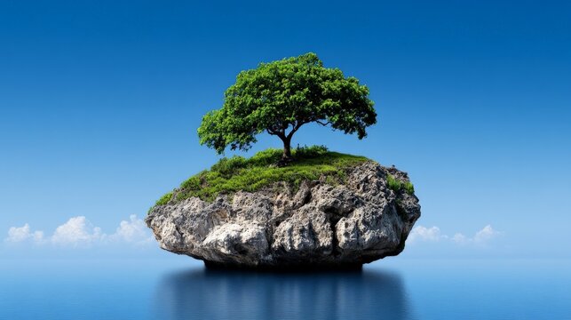 Solitude on a Rock: A solitary tree stands tall on a rocky islet amidst a vast expanse of azure blue sea, symbolizing resilience, hope, and the enduring power of nature. 