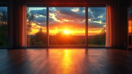 Fototapeta premium Sunset view through large window in modern home.