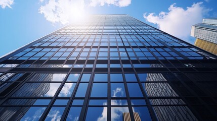 Fototapeta premium Low-angle view of a modern skyscraper reflecting sky and clouds.
