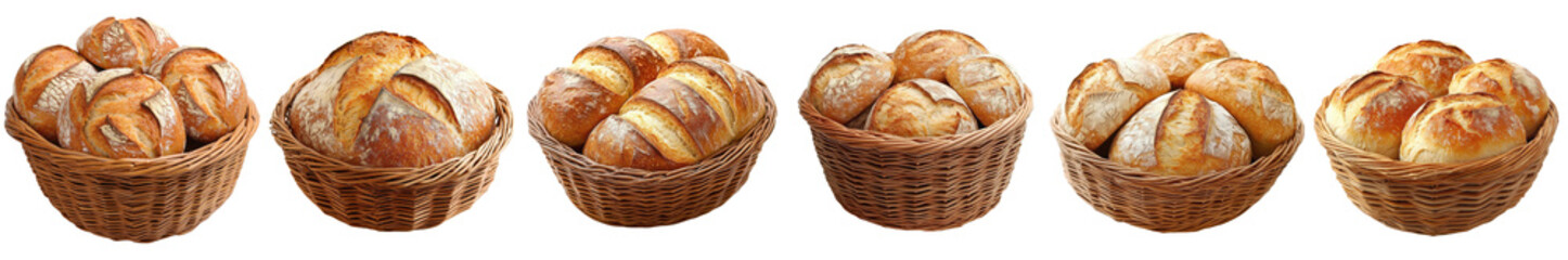 Six Wicker Baskets Filled with Golden Brown Crusty Bread Rolls on transparent background