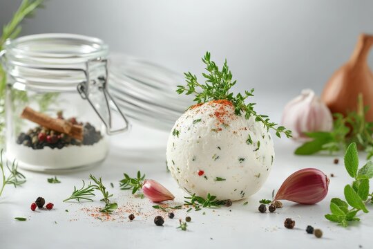Large herbed labne sphere beside a glass jar on a white table a staple Middle Eastern yogurt cream cheese