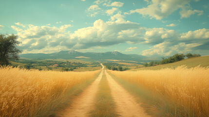 Fototapeta premium Golden Wheat Fields and Country Road