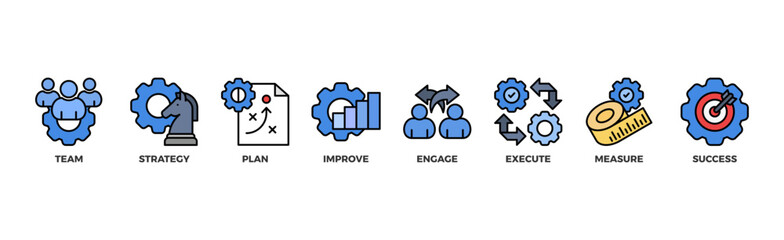 Change management banner web icon vector illustration for business transformation and organizational change with team, strategy, plan, improve, engage, execute, measure, and success icon