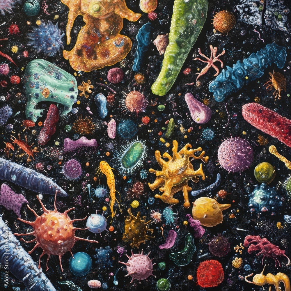 Poster diverse array of bacteria and microbes thriving in microscopic environment with vibrant colors and f