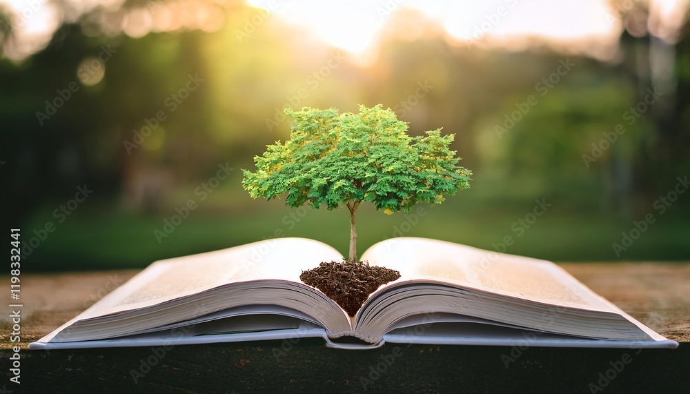Poster an open book with a small tree growing from its pages, symbolizing knowledge, growth, and the connec