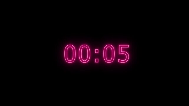 glowing neon one Minute Digital Negative Countdown. one Minute Digital Timer. black backgraound 4k video. 60 Seconds interference countdown numbers