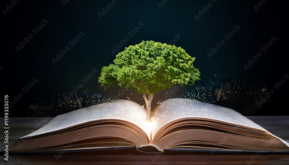 Poster an open book with a vibrant tree growing from its pages symbolizes knowledge, growth, and the connec