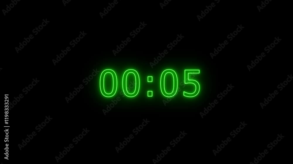 Poster glowing neon one minute digital negative countdown. one minute digital timer. black backgraound 4k v