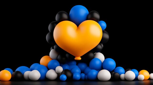 Heart Balloon: A vibrant orange heart-shaped balloon takes center stage, surrounded by a playful cluster of blue, black, and white balloons against a dramatic black background.