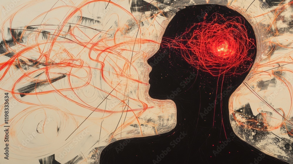 Poster person immersed in abstract thoughts surrounded by swirling lines and shapes reflecting emotional tu