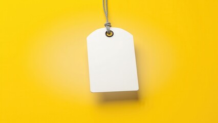 Elegant, pristine white price tag dangles gracefully on a gray string. Centered perfectly, it exudes simplicity and potential. The subtle loop secures its place, inviting curiosity about what lies bey