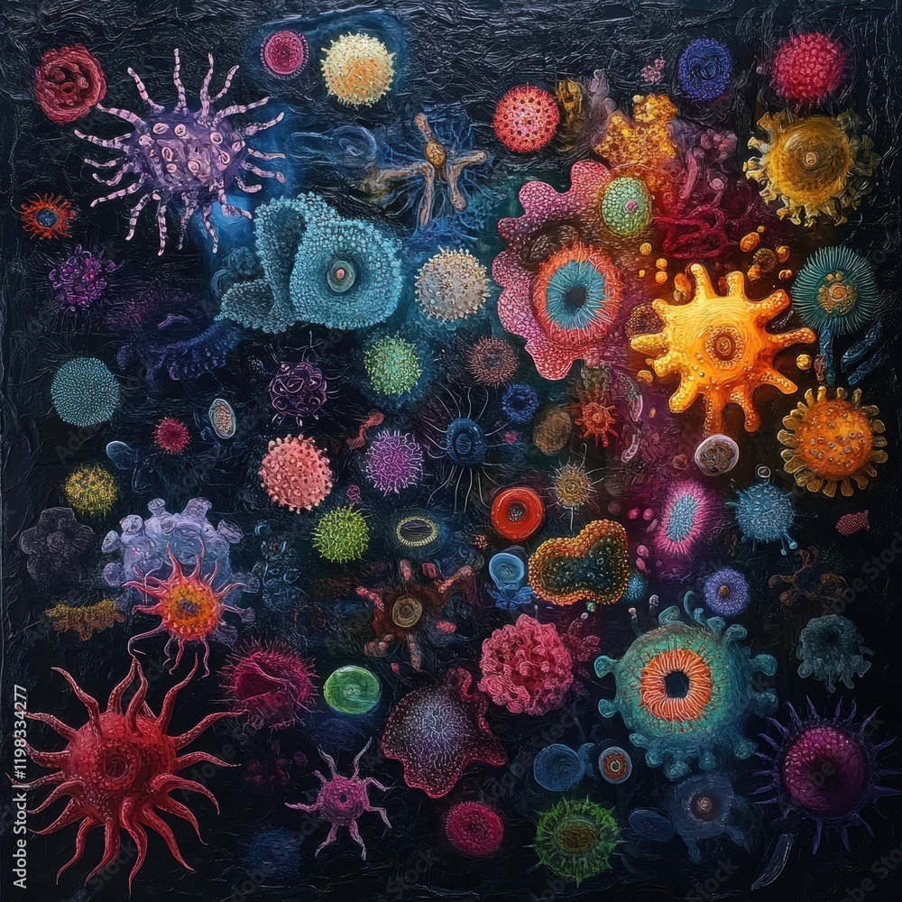 Poster Diverse array of colorful bacteria and microbes thriving in a rich environment filled with intricate structures. Generative AI