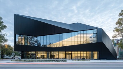 Obraz premium Modern black angular building with large glass windows.