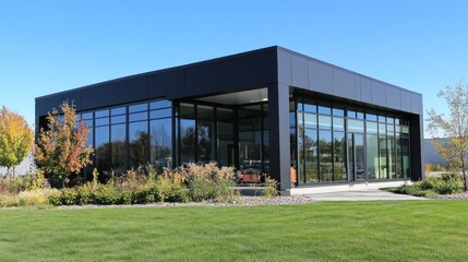 Fototapeta premium Modern black building with glass walls and landscaping.