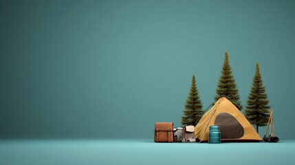 Cozy Camping Setup with Yellow Tent, Camp Gear, and Pine Trees Against a Soft Turquoise Background for Outdoor Adventure Themes