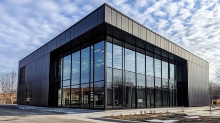 Obraz premium Modern black building with large glass windows.
