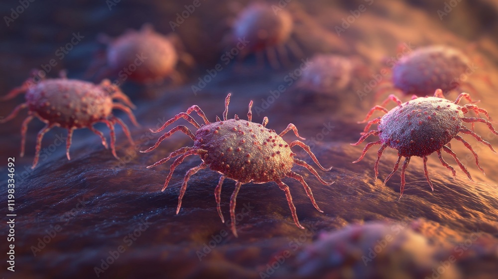 Poster detailed close-up of stylized microorganisms with vibrant colors on a textured surface, illustrating