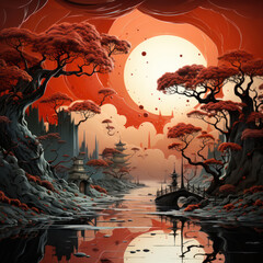 fantastic landscape scene in oriental style. The painting is made in bright red and orange colors.  