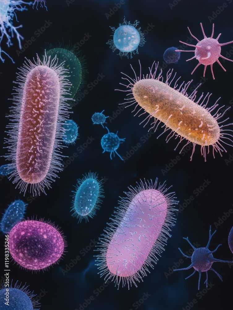 Poster evolving bacteria showcasing various shapes and colors in a microscopic environment. generative ai