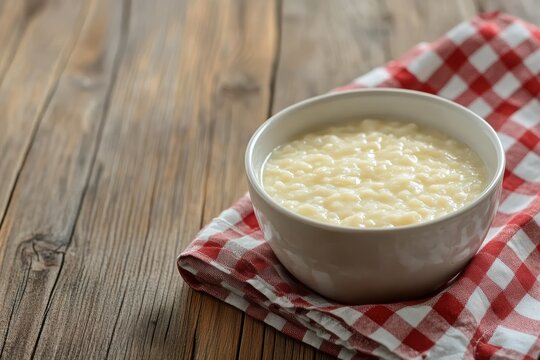 Milanese risotto served in a soup bowl next to a checkered napkin on a wooden table