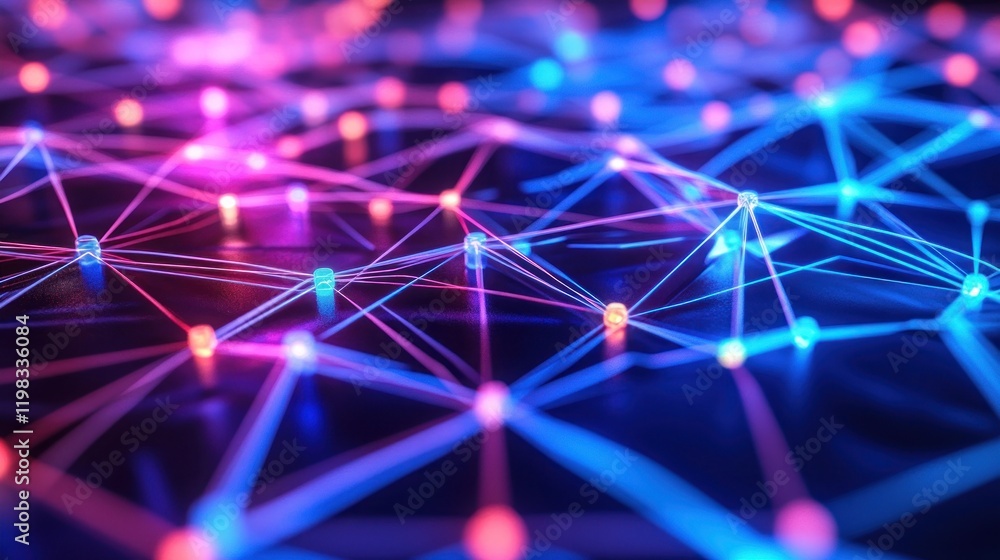 Poster abstract network: a vibrant digital landscape of interconnected nodes and glowing lines, symbolizing