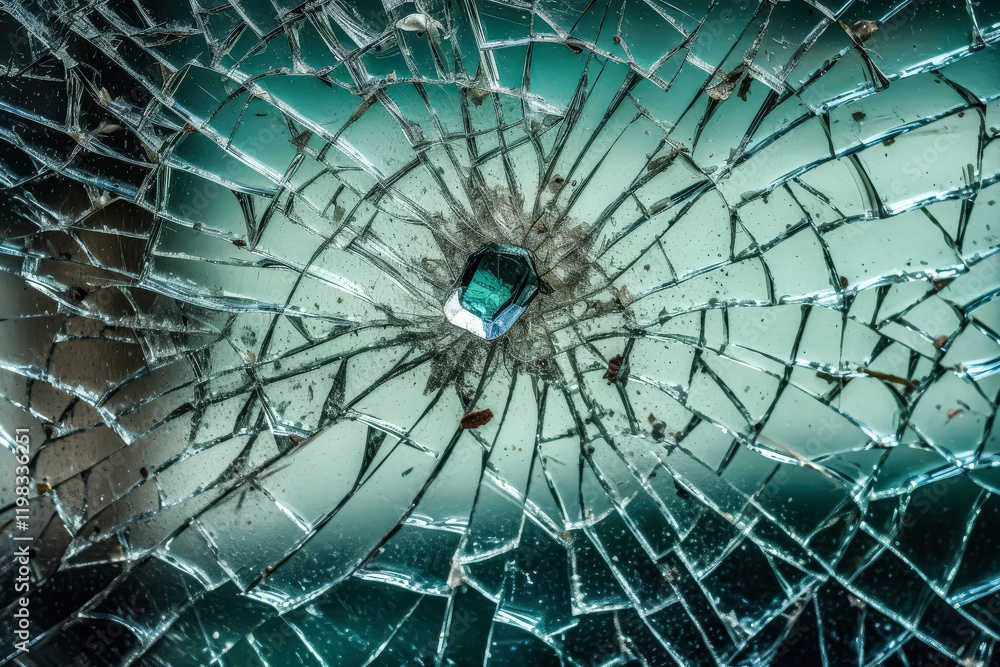 Poster shattered glass window with a green background. the broken glass is scattered all over the window, c